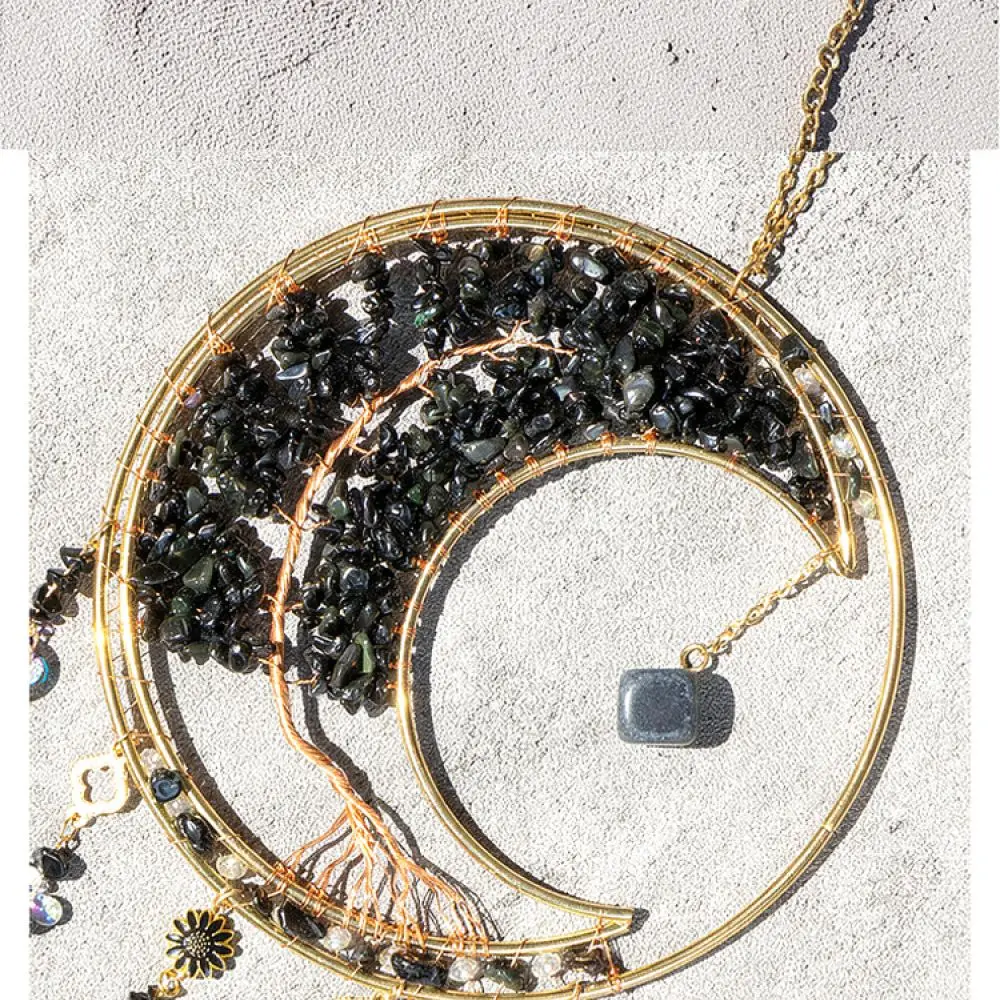Exquisite Tree Of Life Moon Pendant Handmade Black Gravel Ornament Home Window Hanging Craft Birthday Gift