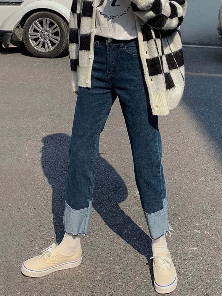 

High Waist Nine-Piece Denim Jeans Women's Spring Autumn plus Size Elastic Slimming Straight Leg Pants Cotton Stretch Denim