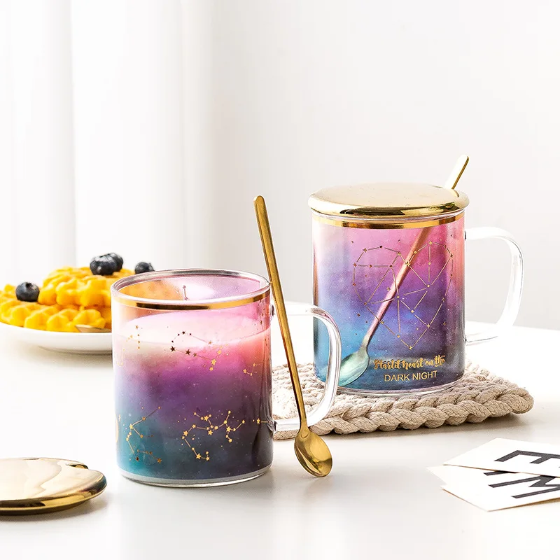 Tasse en verre Starry Sky, Ins Nordic, degrés de chaleur graduels, tasses à café en verre, haute beauté, cuillère, thé, petit déjeuner étudiant, lait