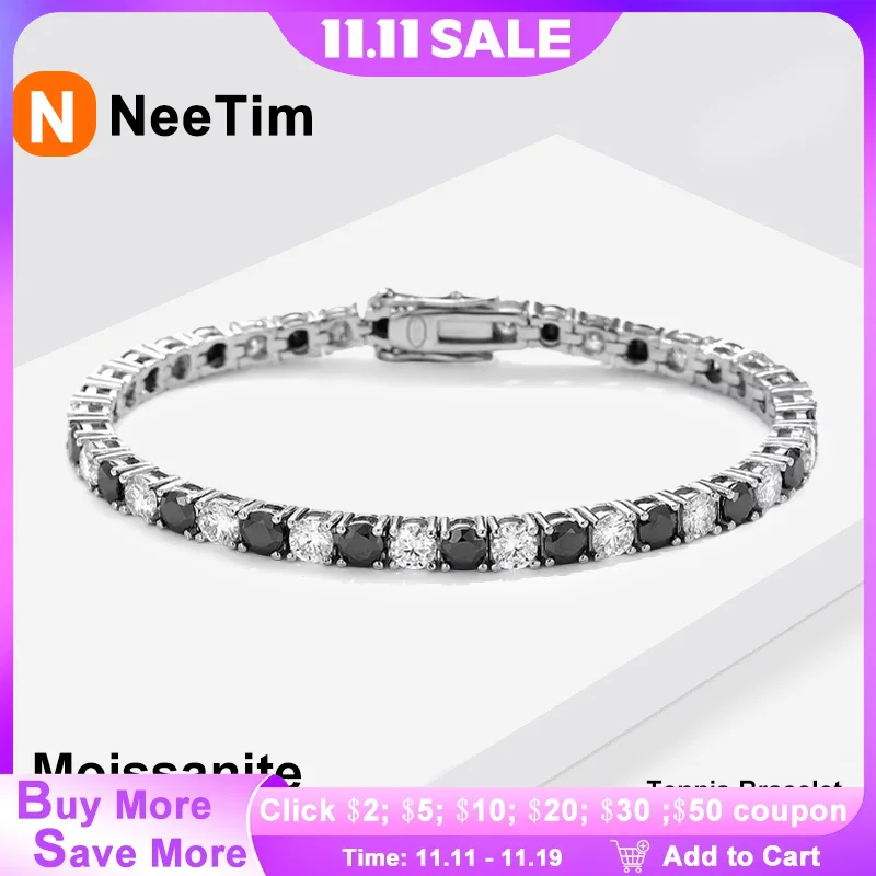 

NeeTim черно-белые теннисные браслеты с муассанитом для женщин и мужчин, браслет в стиле хип-хоп из стерлингового серебра 925 пробы с покрытием из белого золота