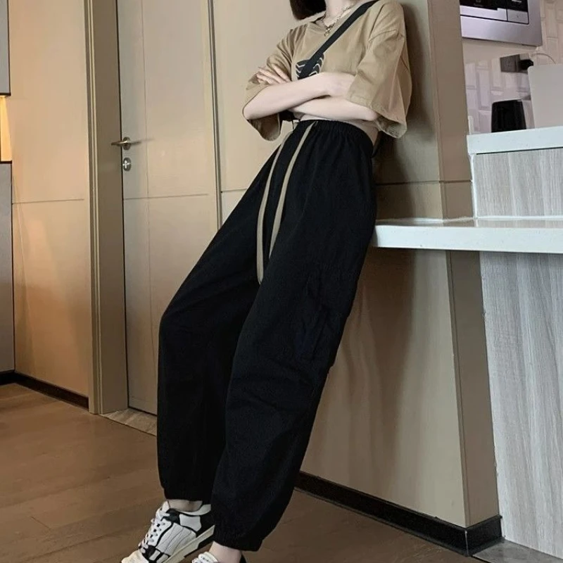 Amerikaanse stijl kaki met zakken elastische taille damesbroek effen outfits jaren 90 katoen G Trends 2025 originele broek voor dames