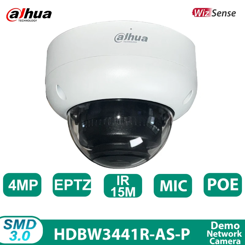 Dahua-wisense監視カメラ、ドームカメラ、Poe ir15m、内蔵マイク、広角、eptz、180 ° 、smd3.0、ik10、IPC-HDBW3441R-AS-P、4mp