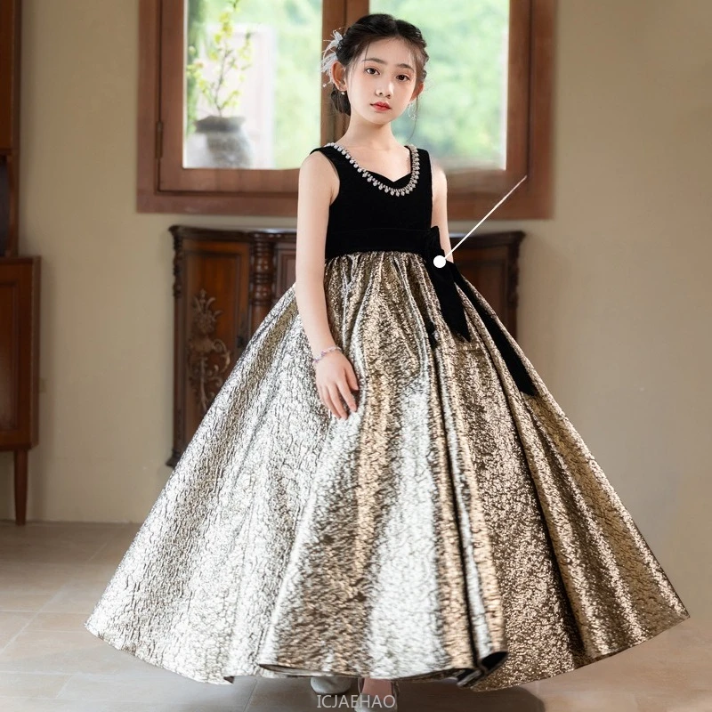 

Party Dress 2025 Black Girls Evening Princess Gown Kids Pageant Host Piano Recital Show Formal Wear Performance Outfit Fashion