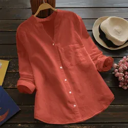 2024 New Women's Blouses Pockets Cotton Linen Casual Button Shirts Summer Top Short Sleeve Loose Shirt Blouse Solid Color Tops