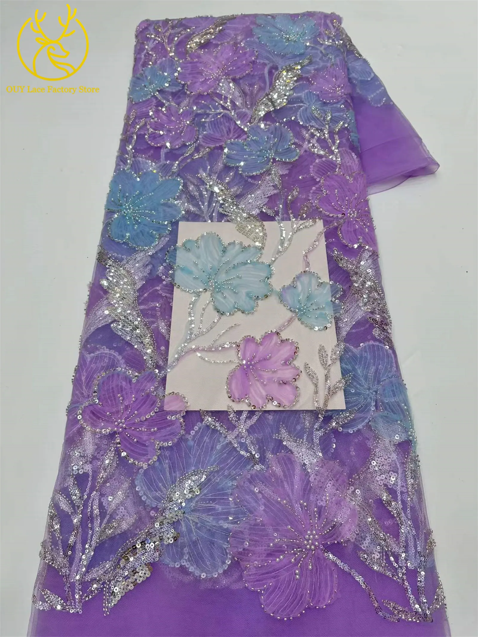 5 Yards Modischer Nigerianischer Pailletten-Tüll-Spitzenstoff 2026 Afrikanischer Perlen-Spitzenstoff Französische Spitze für Hochzeitskleider und Partykleider zum Nähen – Detail 9