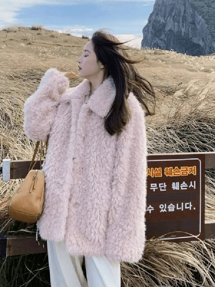 

Women's Faux Fur Jaet Thiened Loose Fit Autumn Winter eepskin Coat Luxury Sensation Long Sve Mid-Length Single Button