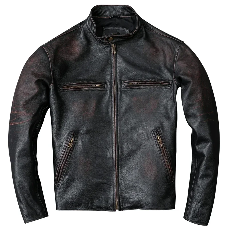 Washed Stone Milled Edging Distressed Men Leather Jacket Vintage Black 100% Natural Calf Skin Coat Men Clothing