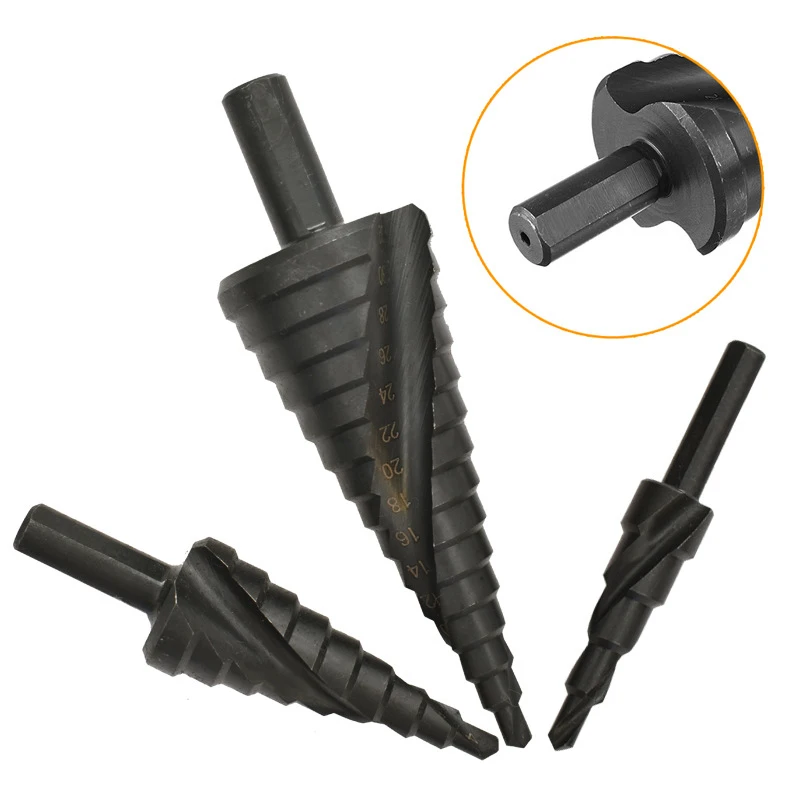 3 개/대 4-32 Mm 고속 강철 질화 된 단계 드릴 삼각형 생크 나선형 테이퍼 드릴 나무 금속 구멍 오프너에 적합