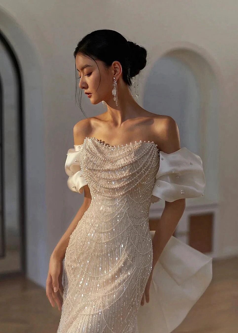 

White Beading Pearls Wedding Dress Lace-up Sequins Off The Shoulder Slim Mermaid Glitter Engagement Party Evening Gowns New