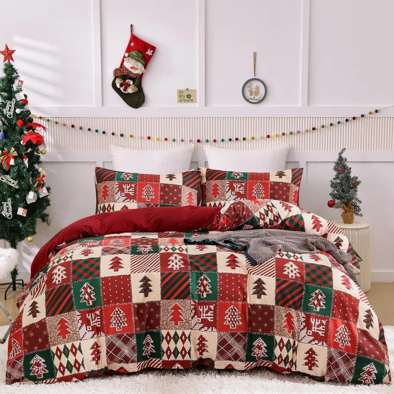 

Christmas duvet set large 3-piece spliced checkered bedding with red and green tree prints, soft microfiber with zipper