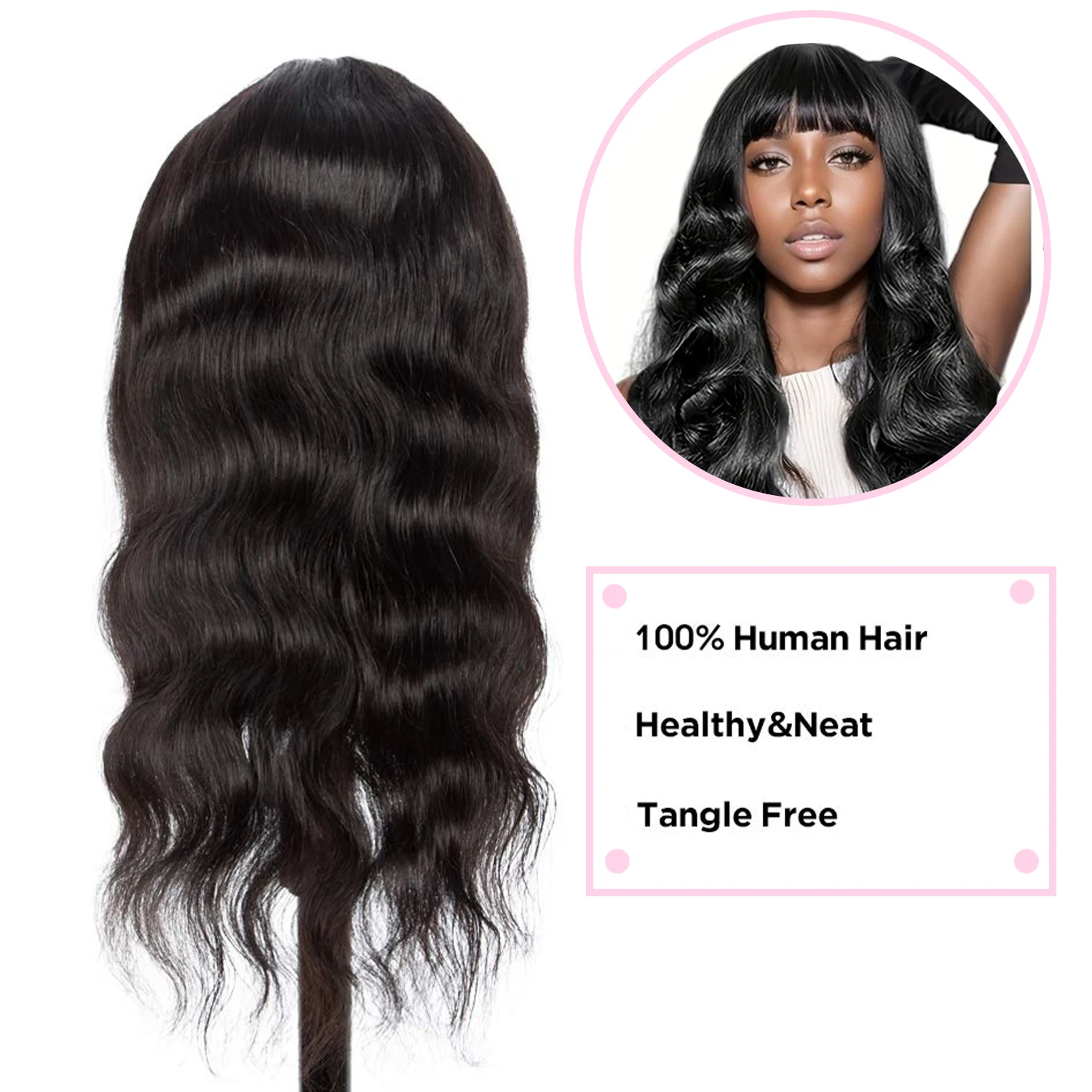 100% Human Hair Wig with Bangs Human Hair Body Wave 18-32 inch Brazilian Remy Hair Wig Natural Color Wig Body Wavy for Women