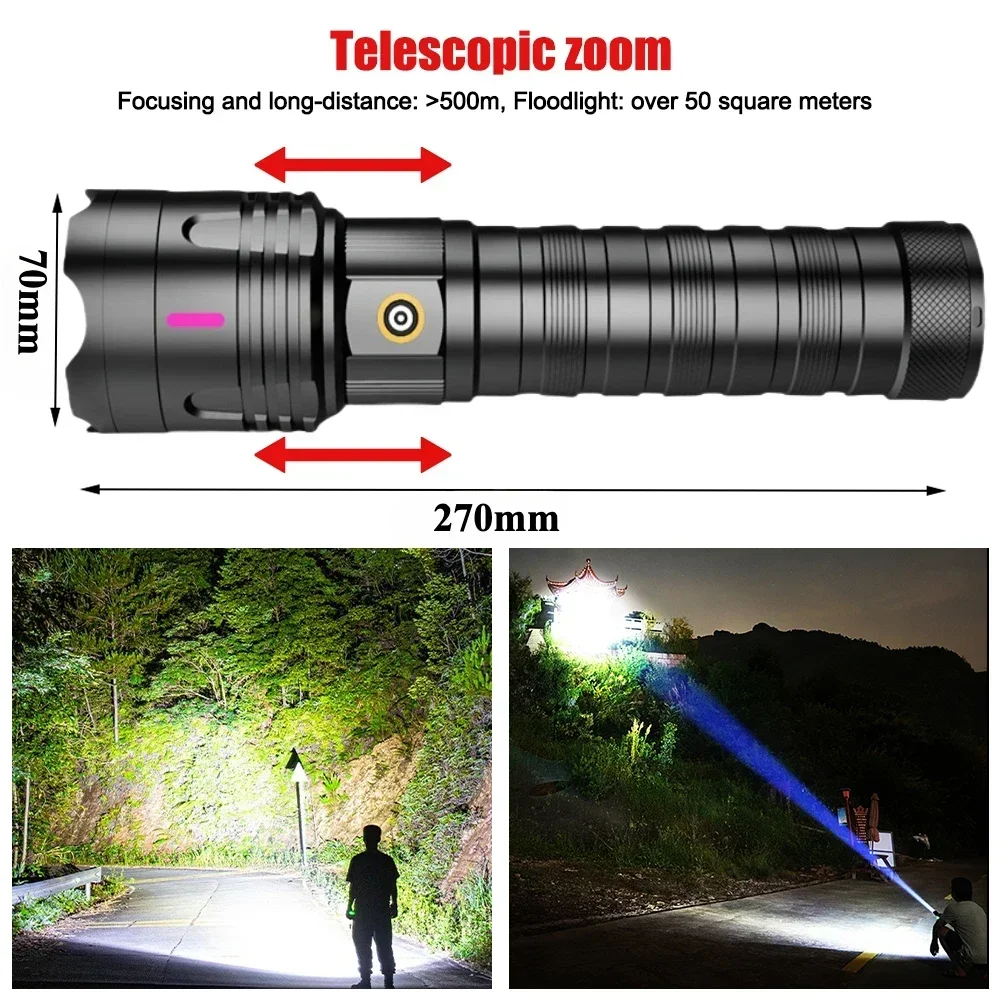 Powerful LED Fishing Flashlight Type-C Charging Whtie Laser Tactical Torch Multi Functional Outdoor Hiking Camping Handlamp