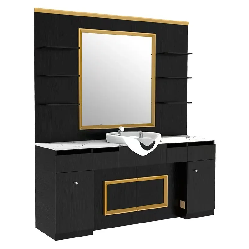 High-end hair salon mirror cabinet integrated men's barber shop special retro shampoo mirror