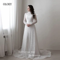 Giyu Modest Shiny Full Lace Glitter A Line Suknie Ślubne Muzułmańskie Dubaj Arabskie Długie Rękawy Wysoka Szyja Suknie Ślubne Dostosowane