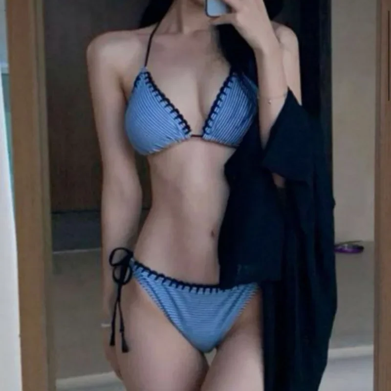 New Sexy Blue Strings Triangle Bikinis Two Pieces Swimsuit Women Swimwear Beach Wear Bathing Suits Korean Bikini Set Holiday