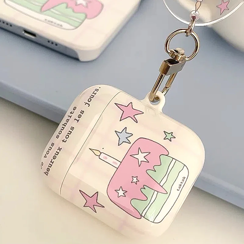 Harajuku Kawaii Cake Star AirPods Pro Case with Key Chain Korean Ins Earphone Case for Apple AirPods 3 2 1 Pro Air Pod Case