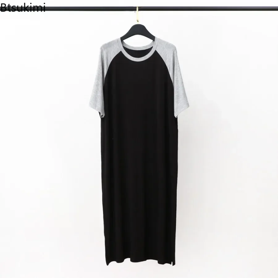 2025 Men's Modal O-neck Sleepwear Nightgown Patchwork Robes Mid-long Knee Length Loose Home Clothes Loungewear for Men Robes