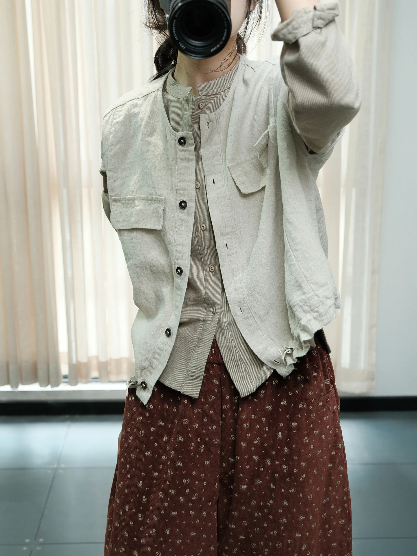 

Autumnal Versatile round Ne Svel Vest Loose Fit Dstring Hem Linen Material Women's Faion Casual Sle Vest