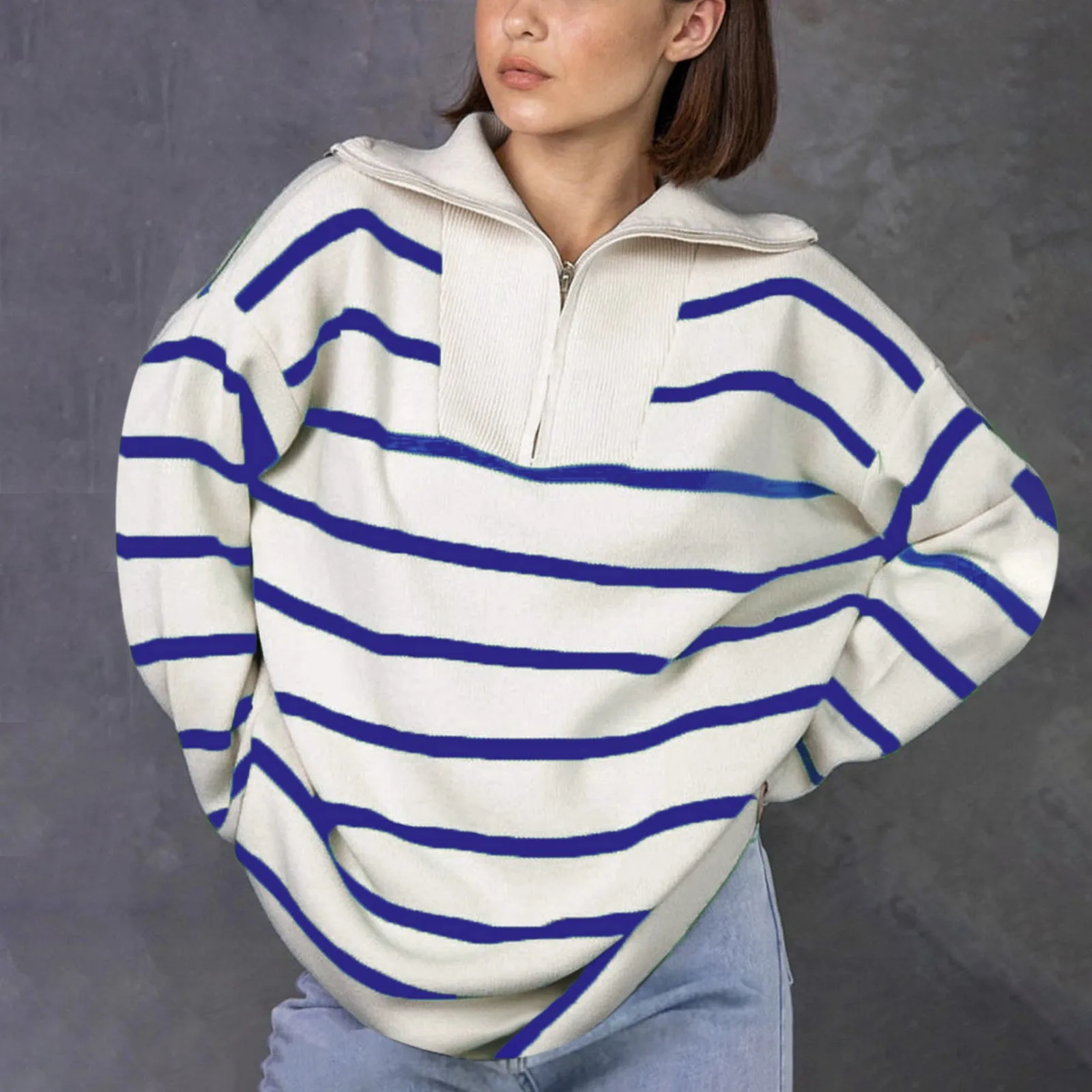 Pull à Manches sulfpour Femme, Décontracté, Col Rabattu, Rayé, Patchwork, Chic, Automne Hiver 2023