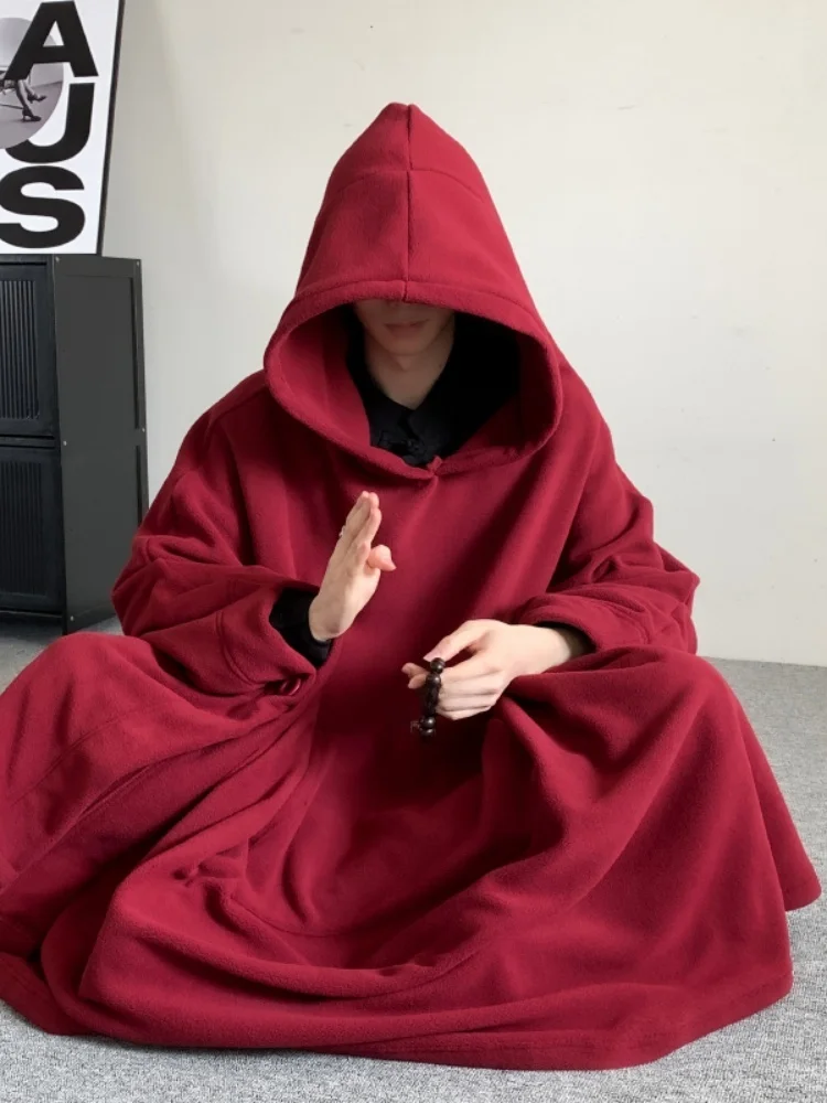 

Мужской худи-кимоно цвета красного вина с флисовой подкладкой, осенне-зимний, для медитации, с капюшоном, повседневный, комфортный свитшот