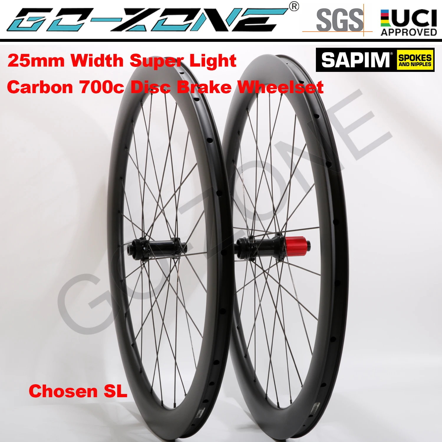 

Super Light 25mm Width Clincher Tubeless Carbon Wheelset Disc Brake 700c Chosen SL Sapim UCI Approved Carbon Road Wheels