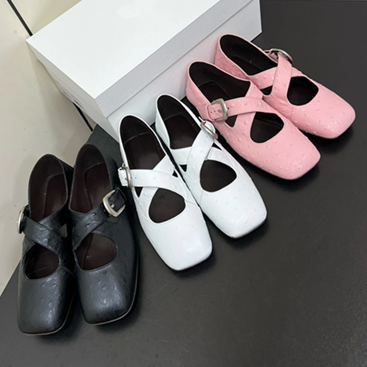 

Jenny&Dave French Genuine Leather Mary Jane Flats Shoes Minimalist Textured Square Toe Summer Shoes Cross Strap Shoes Women