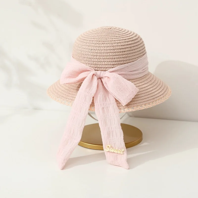 Big Brim Dome Bucket Hat For Baby Solid Color Bow Straw Hat For Children Summer Seaside Beach Sun Hat For Girls