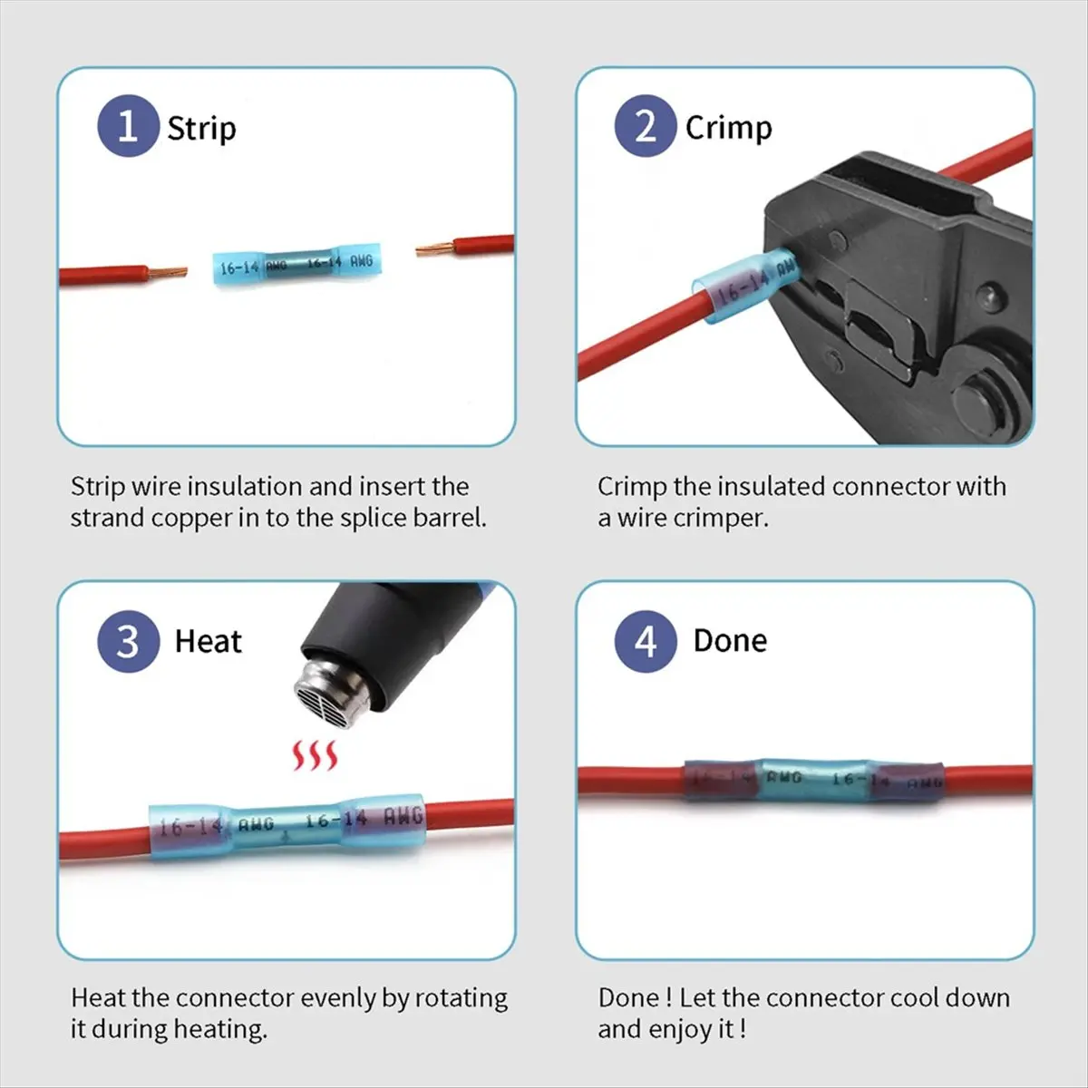 NOCM 1000Pcs 16-14 AWG Blue Heat Shrink Butt Connectors, Marine Grade Insulated Splice Electrical Connectors