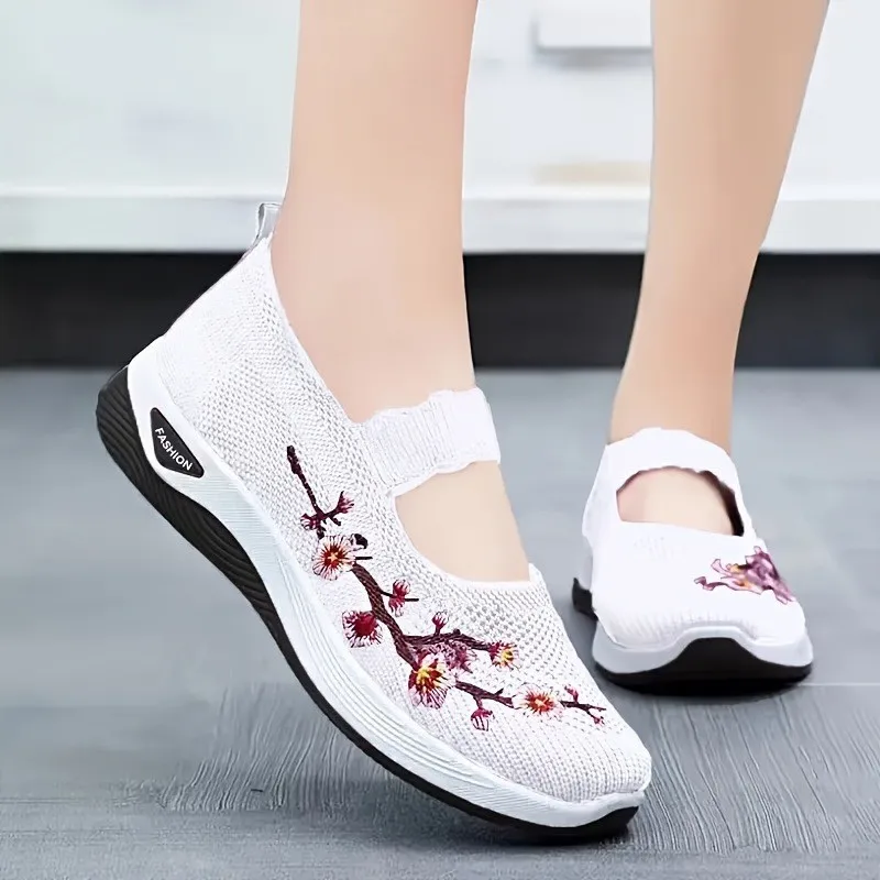 Pflaumenfarbene Mary-Jane-Slipper mit Blumenstickerei, Keilabsatz, atmungsaktiv, rutschfest, weiche EVA-Einlegesohle, niedriger Absatz, für den Alltag – Detail 8