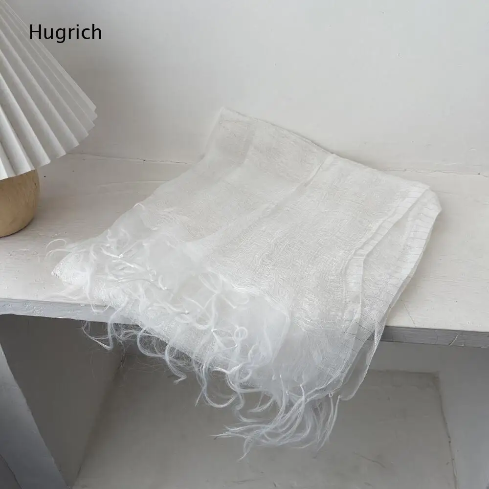 Crinkled Sheer White Wrap Scarf Light Airy Fabric Tassel Trim Thin Shawl Versatile Accessory For Dress Matching Outdoor Shoot