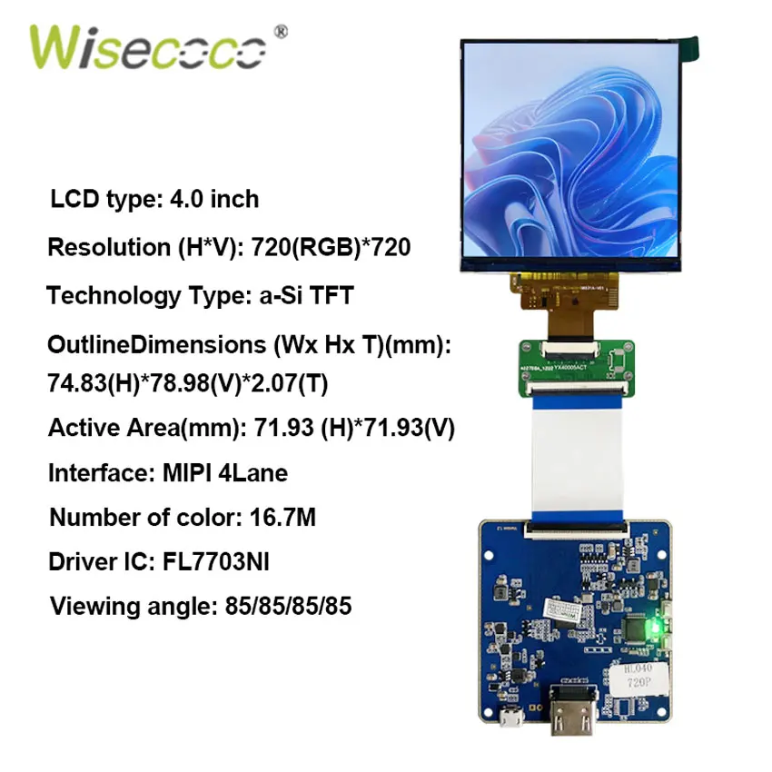 

4 Inch 720x720 Square LCD Display IPS Mipi Driver Control Board Wisecoco Screen For Raspberry Pi Smart Home Diy Project