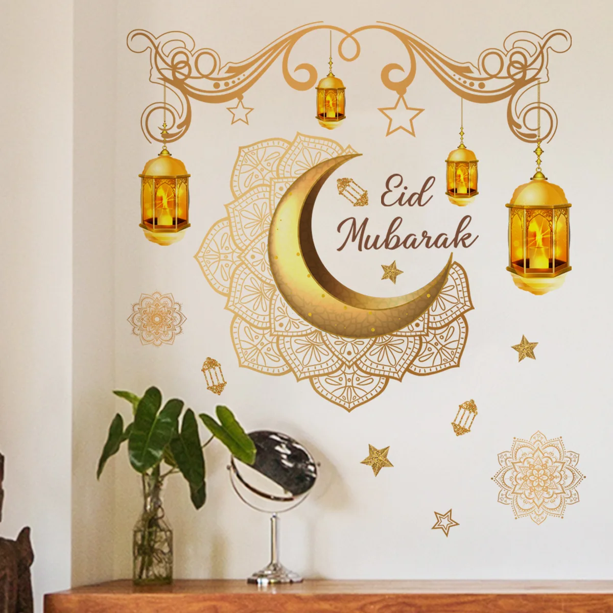 NEW Eid Mubarak Wall Sticker Gold Moon Star Lantern Wall Decal Ramadan Decoration 2024 Islamic Muslim Holiday Party Window Cling