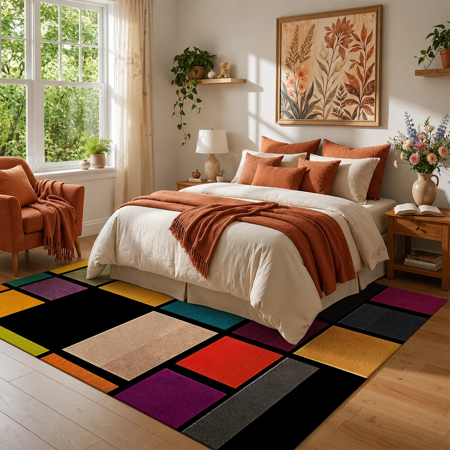 Large Indoor Area Rug, Soft Velvet Low Pile Rug with Non-slip Dotted Backing, Machine Washable Modern Geometric Color Block Rug for Living Room, Bedroom, Multicolor Mosaic Floor Mat for Home Decor
