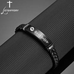 Lediffery Engraved Spotify Code Men Punk Personalized Stainless Steel Bracelet Leather Braided Rope Bracelets Custom Jewelry
