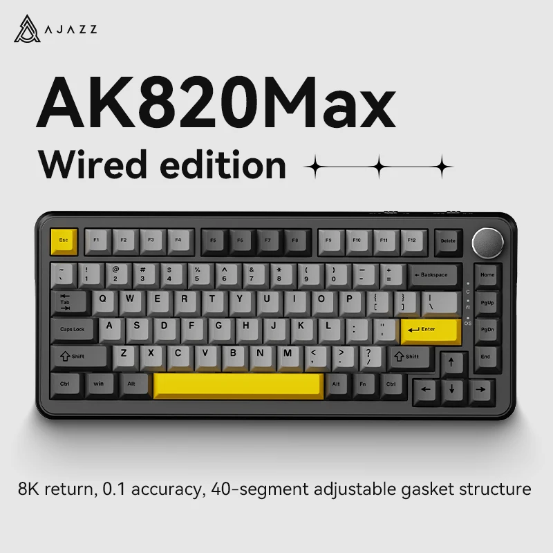 AJAZZ AK820 MAX mechanisch toetsenbord met pakking, 75% bedraad hot-swappable toetsenbord, met volumeregelaar, PBT-toetsen, vijf lagen