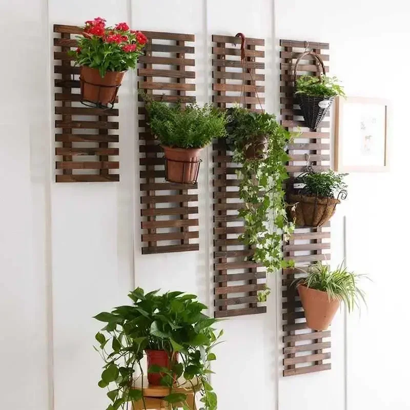 

z Anticorrosive wood grid wall flower stand balcony wall hanging green dill wall hanging plant stand solid wood hanging walls