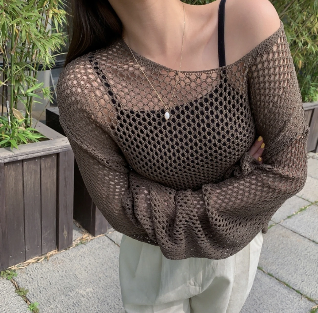 Bild 6: Lässiger Langarm-Pullover mit Lochmuster für Damen, Sonnenschutz-O-Ausschnitt Strickpullover, Damen-Oberteile, Pullover Q3446