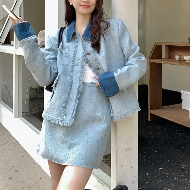 Korean Hight Street Denim Short Skirts Two Piece Set Autumn Winter Women Y2K Loose Long Sleeve Jackets Coat with Mini Skirt Suit