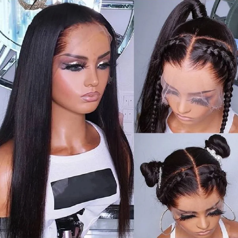شعر مستعار ناعم 26 بوصة 180 كثافة طبيعي أسود بدون صمغ طويل مستقيم عميق باروكة أمامية من الدانتيل للنساء مع شعر أطفال مقطوف مسبقًا يوميًا