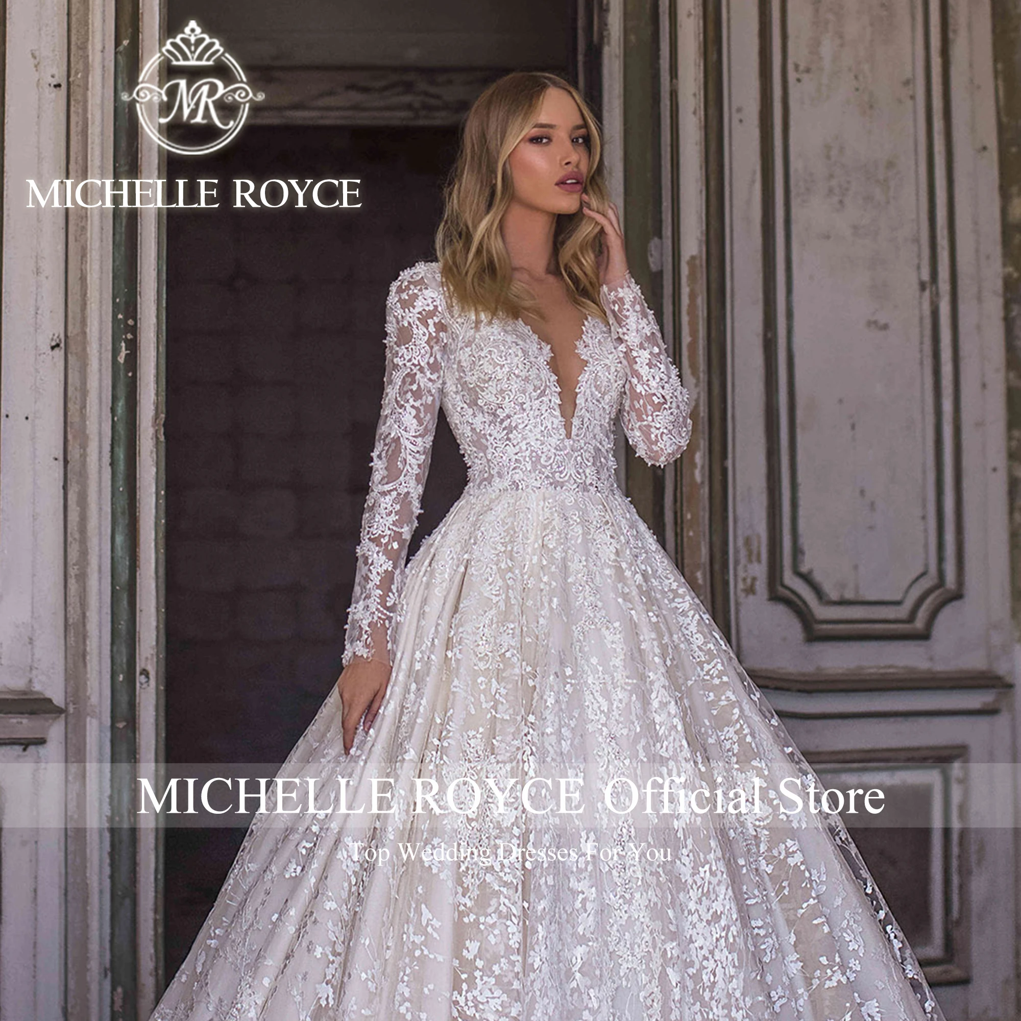 Michelle Royce-Vestido De Novia con cuello en V para mujer, Vestido De Novia De manga larga, tren De la capilla, Vestido De Novia con clase, 2024