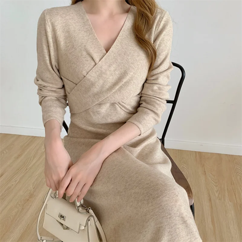 

Chic Women Wool Dress Cross V Neck Autumn Winter 2023 Streetwear Knitted Dresses Ladies Clothing Fall Korean Soft Knitwear Black