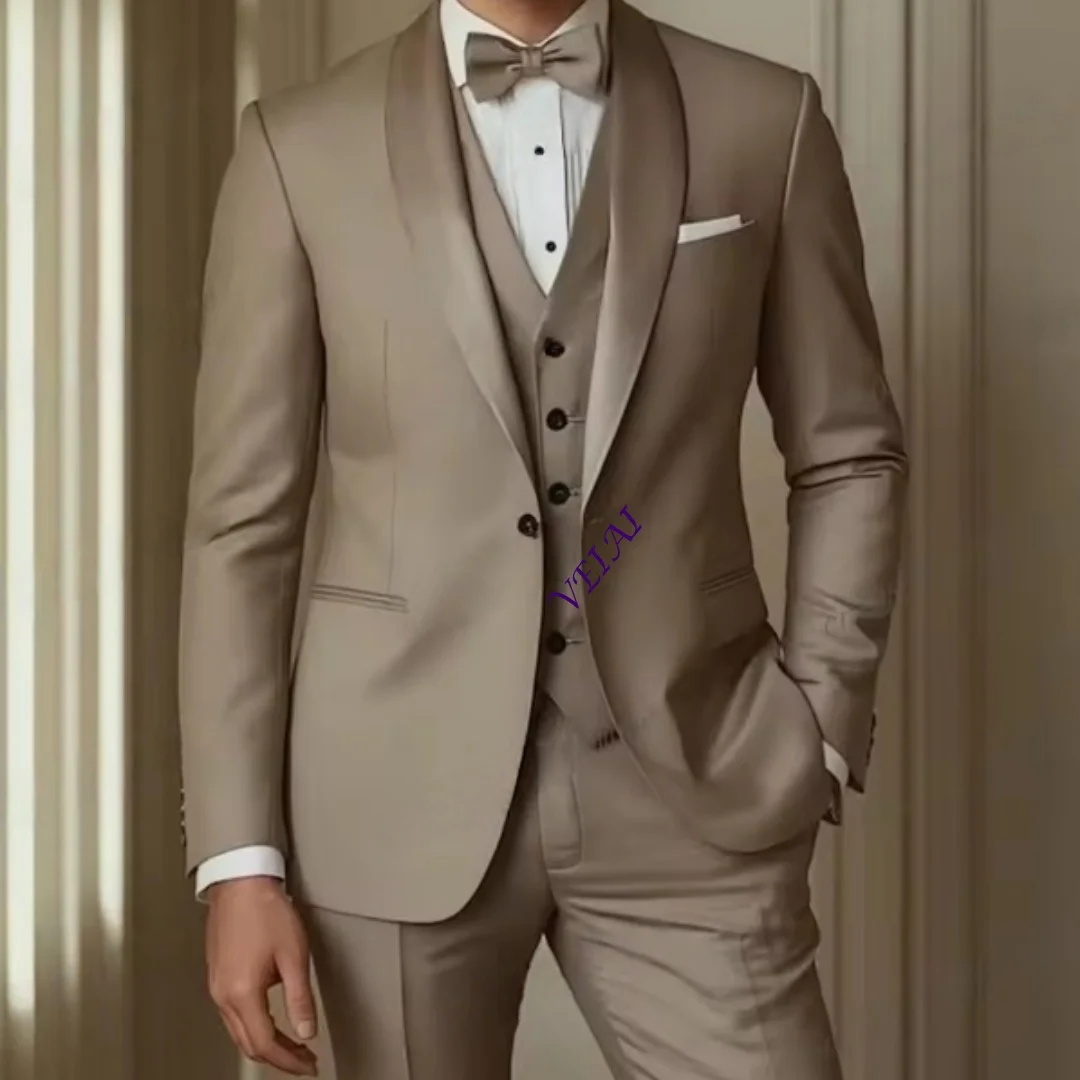 CustomizedNew khaki Formal Men Suit Groom Groomsman Wedding Party Prom Business Male Tuxedos 3 Piece Set Customize Blazer Vest P
