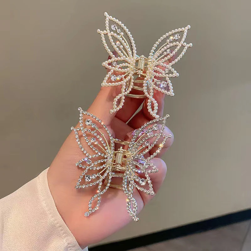 1Piece Butterfly Scrunchy Clip Hair Accessory Back Of The Head Plate Hair Clip Elegant Temperament Pearl Rhinestone Advanced Se