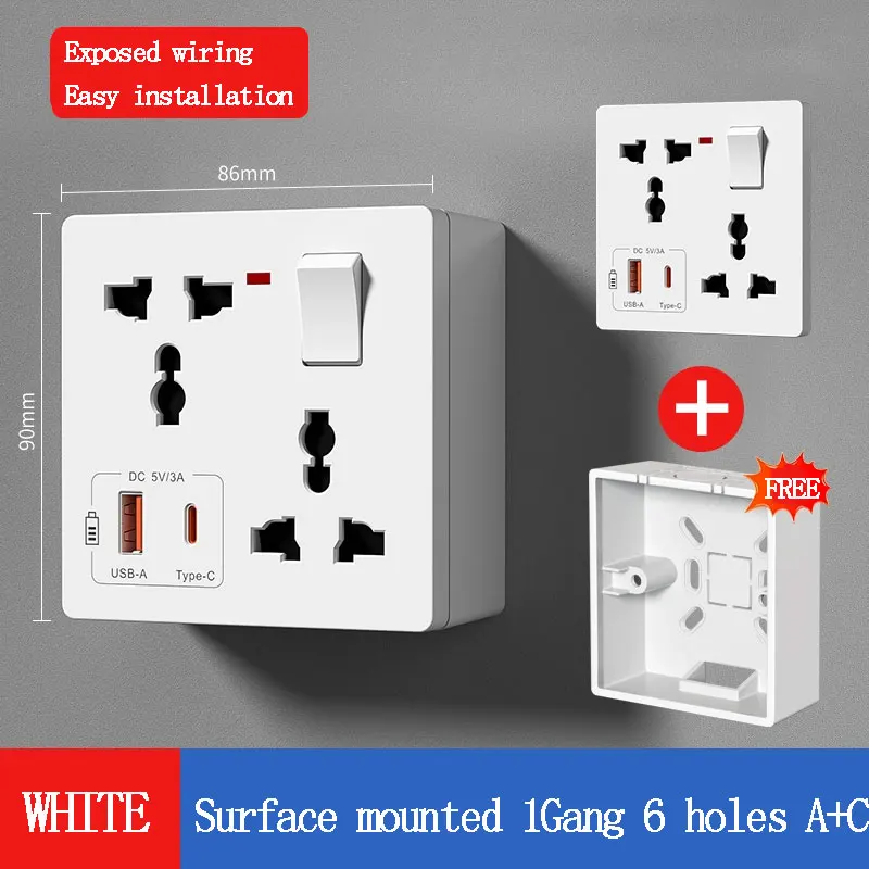 86 tipo montado na parede 1gang 6 furos multi-função painel de tomada de energia de 3 furos com controle de interruptor, painel de carregamento rápido usb tipo-c