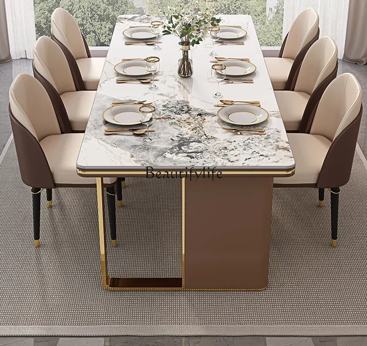 

04Light luxury rock slab high-end 2-meter large board table rectangular modern simple dining table