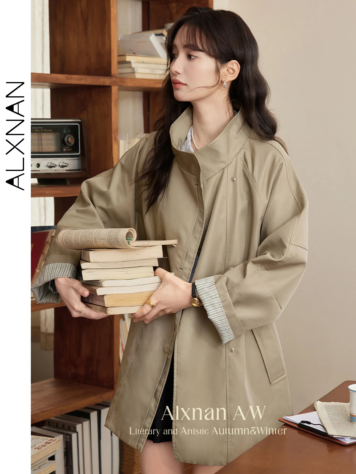 

ALXNAN Women's Khaki Trench Coat French Languid Stand Collar Raglan Sleeve 2024 Autumn Winter Mid-length Outerwear Female L50605