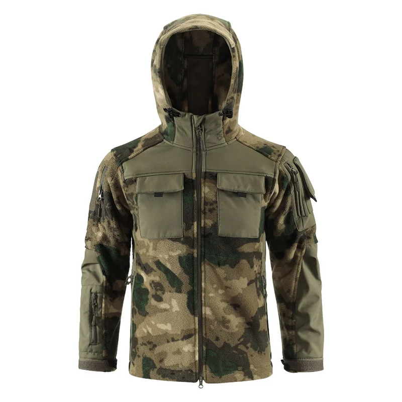 ESDY Outdoor Camouflage Fleece Jacket Spliced style Multi pocket Men's Warmth Hooded Tactical Coat Windbreaker Fleece Liner