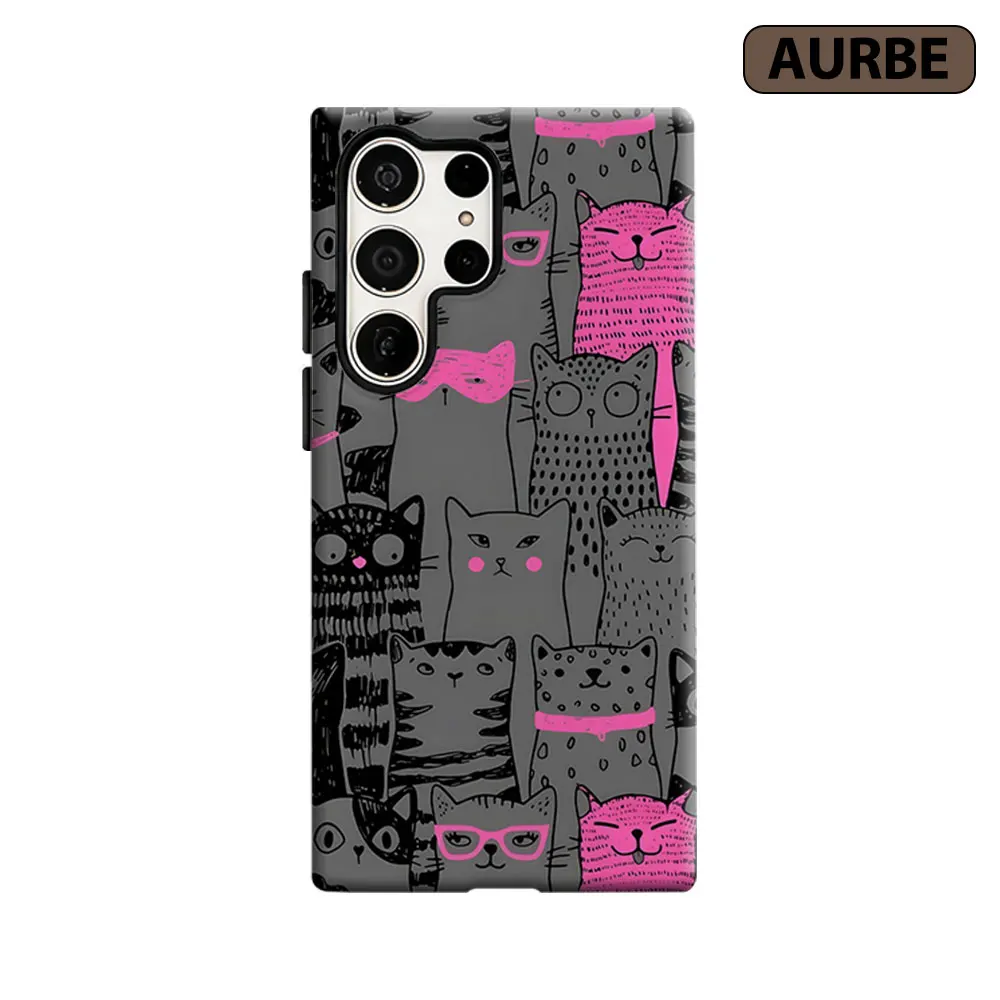 Grunge Pink Cat Sketch Phone Case For Samsung Galaxy S26 S25 S24 S23 Ultra Plus HD Hard Double Layer Film Cover