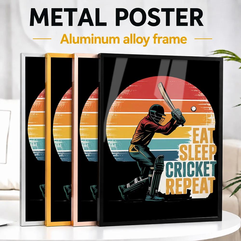 Eat Sleep Cricket Repeat Quote Framed Metal Poster Personalized Photo Bold Athlete Style Wall Art For Study Memorable Fan Gift