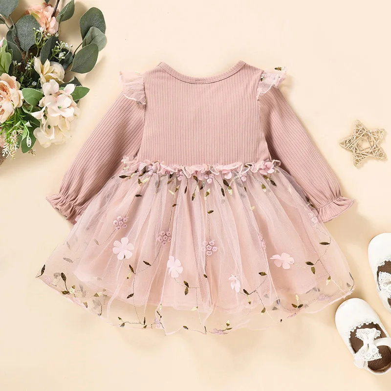 Mädchen Tüll Blumendruck Langarm-Kleid mit Rüschen und Schmetterlingsknoten Einfarbig Rosa Kurzarm Lässiges Kinder-Prinzessinnenkleid